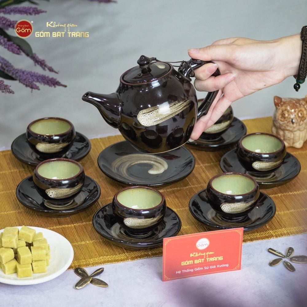 Bộ Ấm Trà Bầu Xước Hoa Men Hỏa Biến