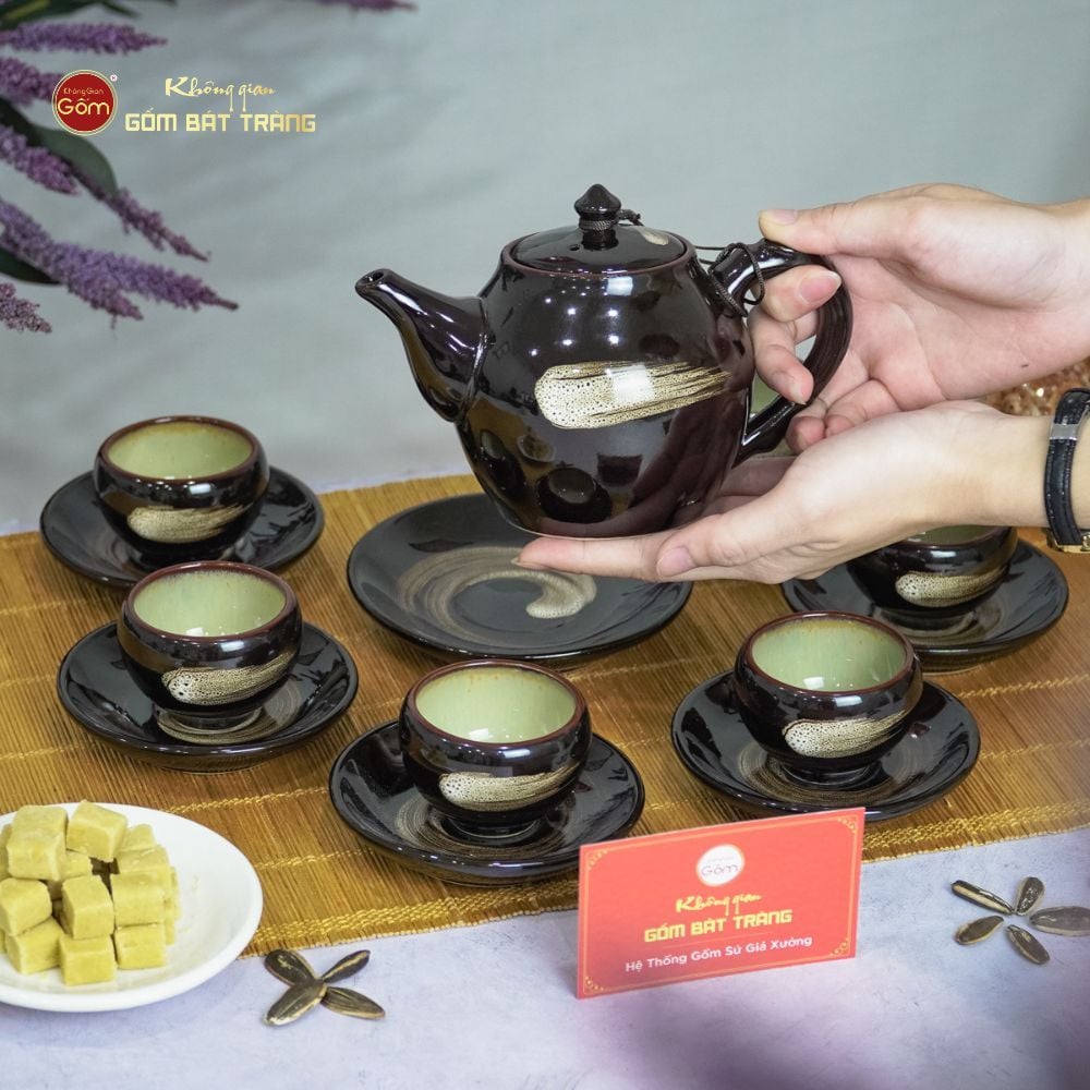 Bộ Ấm Trà Bầu Xước Hoa Men Hỏa Biến
