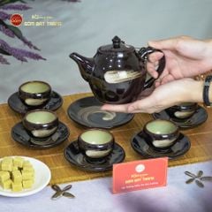 Bộ Ấm Trà Bầu Xước Hoa Men Hỏa Biến