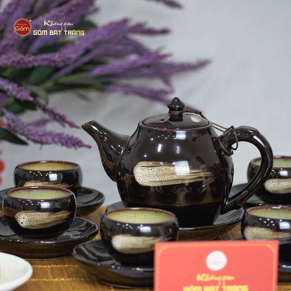 Bộ Ấm Trà Bầu Xước Hoa Men Hỏa Biến