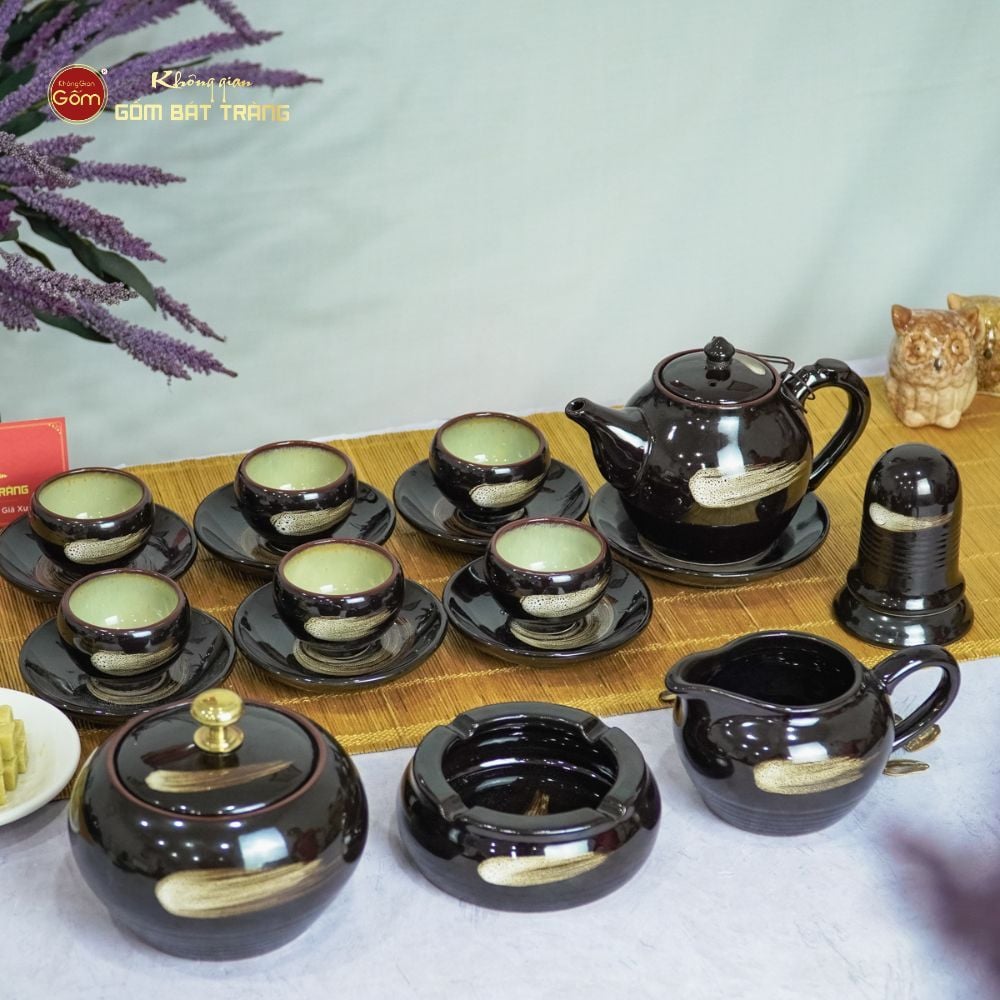 Bộ Ấm Trà Bầu Xước Hoa Men Hỏa Biến