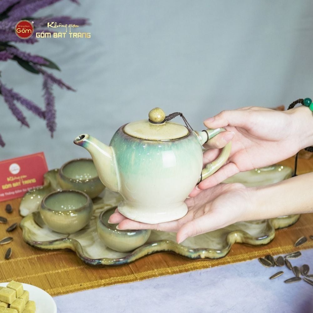 Bộ Ấm Trà Cao Men Hỏa Biến Khay Sen Dài