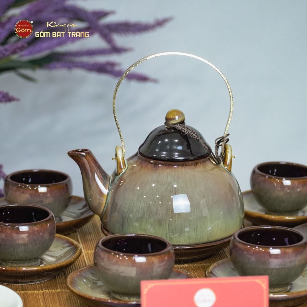 Bộ Ấm Trà Chuông Gấm Xoáy Men Hỏa Biến