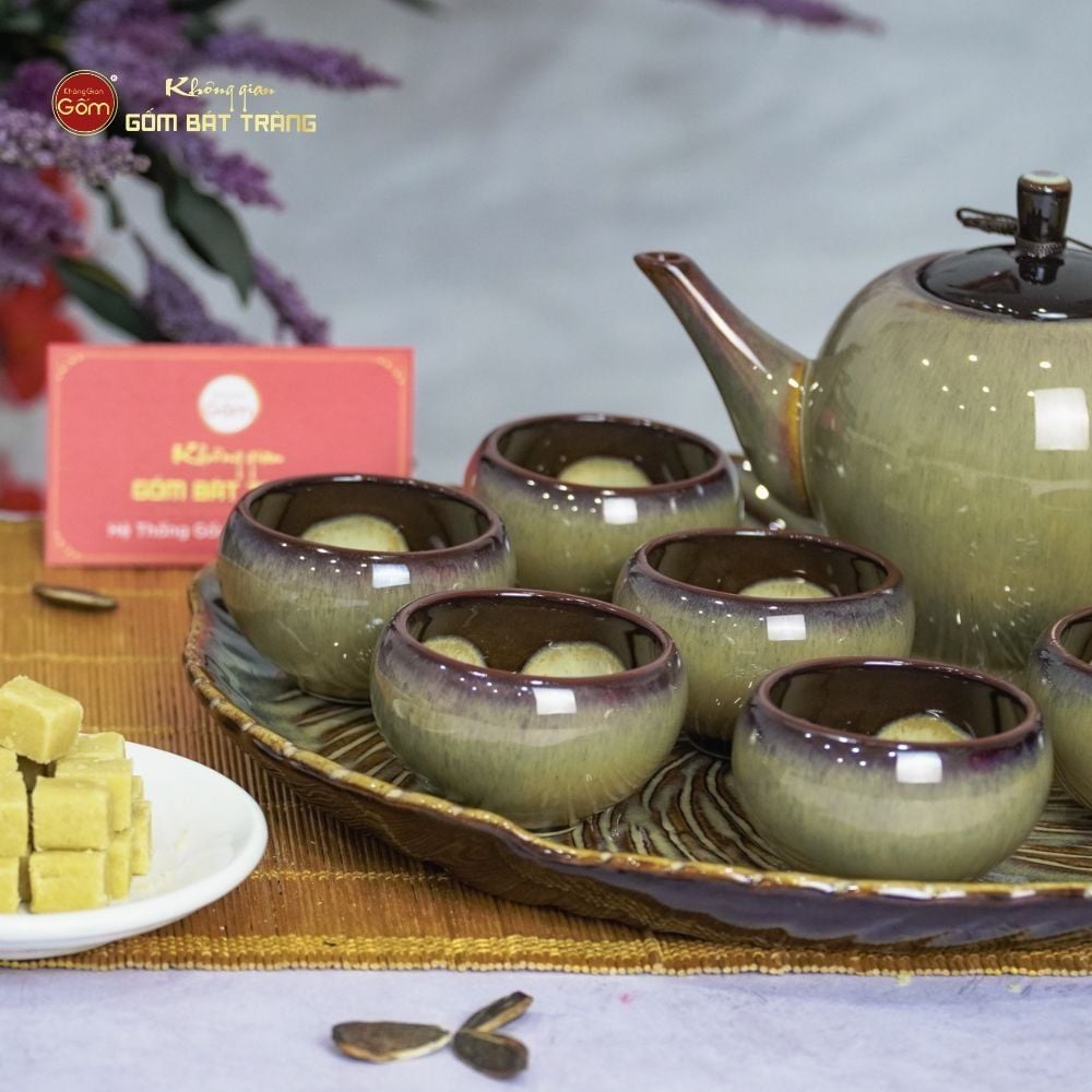 Bộ Ấm Trà Đèn Thần Men Hỏa Biến Khay Xoáy