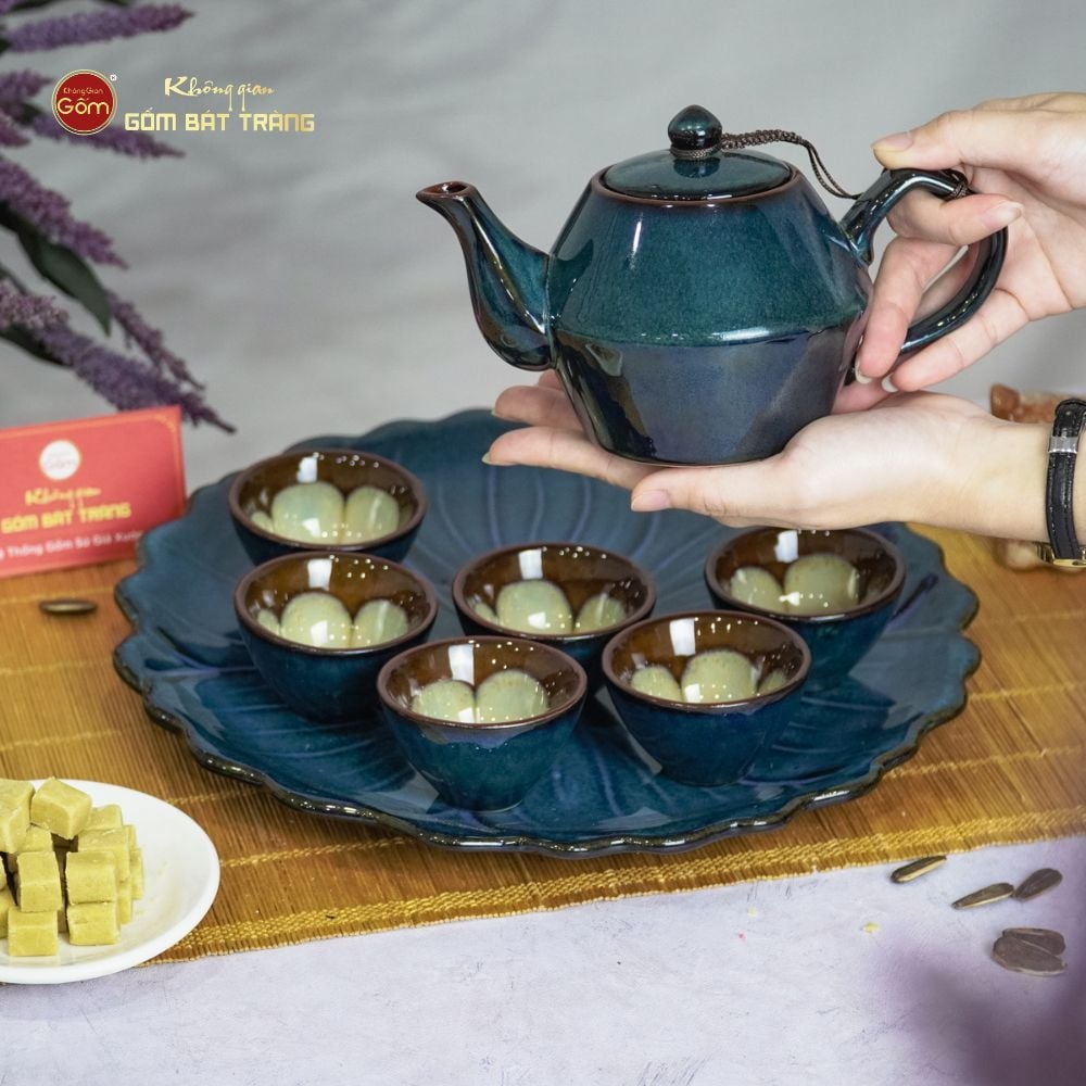 Bộ Ấm Trà Đĩa Men Hỏa Biến Xanh Khay Hoa Xanh