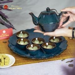 Bộ Ấm Trà Đĩa Men Hỏa Biến Xanh Khay Hoa Xanh