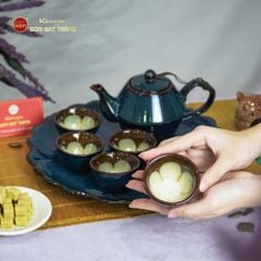 Bộ Ấm Trà Đĩa Men Hỏa Biến Xanh Khay Hoa Xanh
