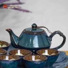Bộ Ấm Trà Đĩa Men Hỏa Biến Xanh Khay Hoa Xanh