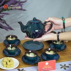 Bộ Ấm Trà Đĩa Xanh Hoa Men Hỏa Biến