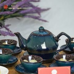 Bộ Ấm Trà Đĩa Xanh Hoa Men Hỏa Biến