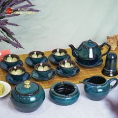 Bộ Ấm Trà Đĩa Xanh Hoa Men Hỏa Biến
