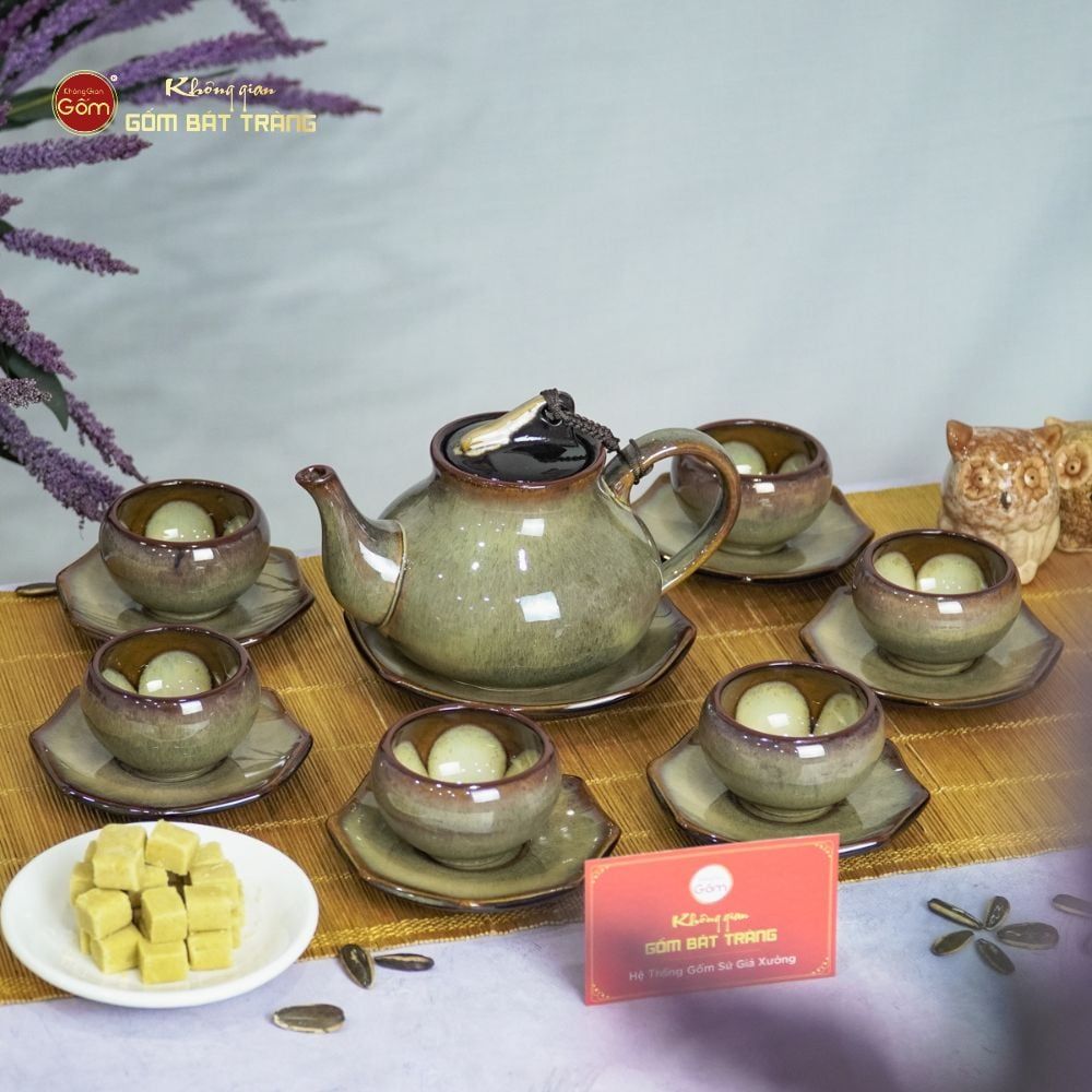 Bộ Ấm Trà Hồ Lô Gấm Men Hỏa Biến