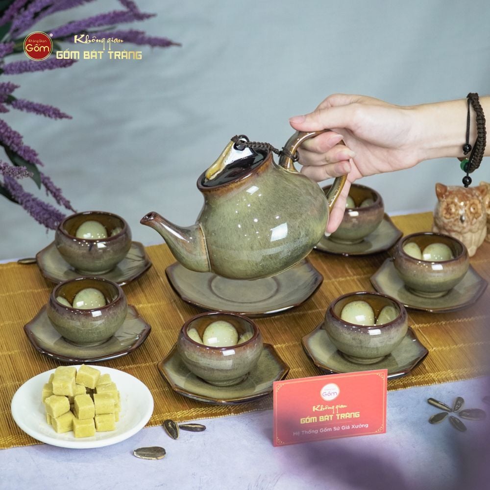 Bộ Ấm Trà Hồ Lô Gấm Men Hỏa Biến