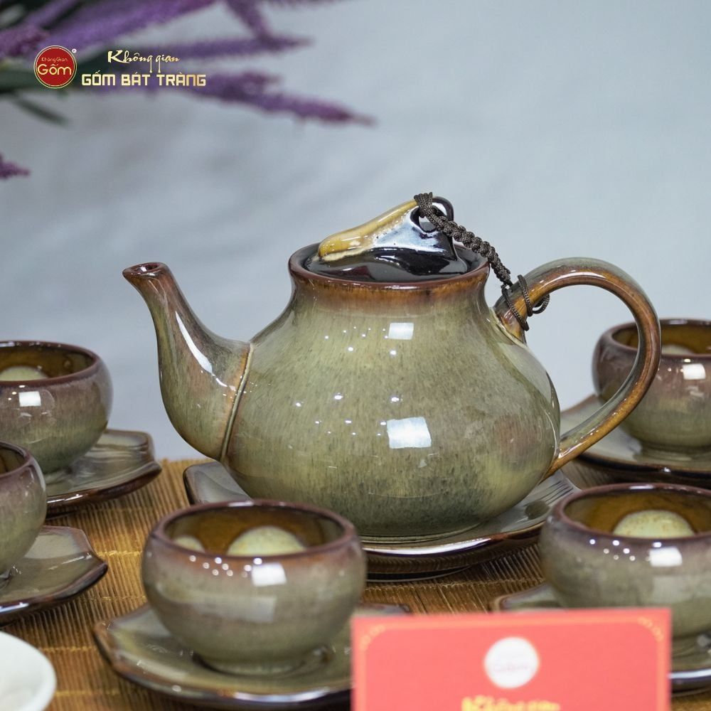 Bộ Ấm Trà Hồ Lô Gấm Men Hỏa Biến