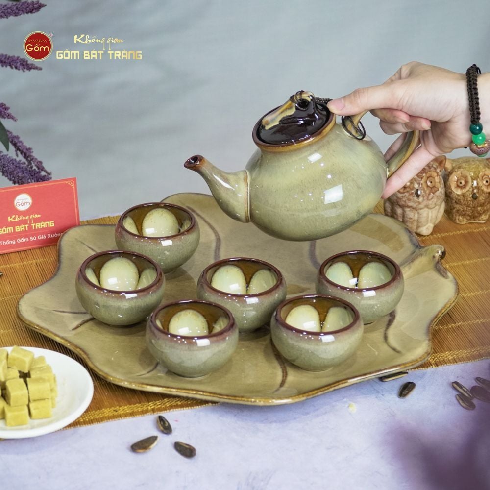 Bộ Ấm Trà Hồ Lô Men Hỏa Biến Khay Bông