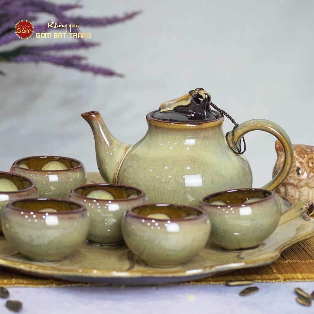 Bộ Ấm Trà Hồ Lô Men Hỏa Biến Khay Bông