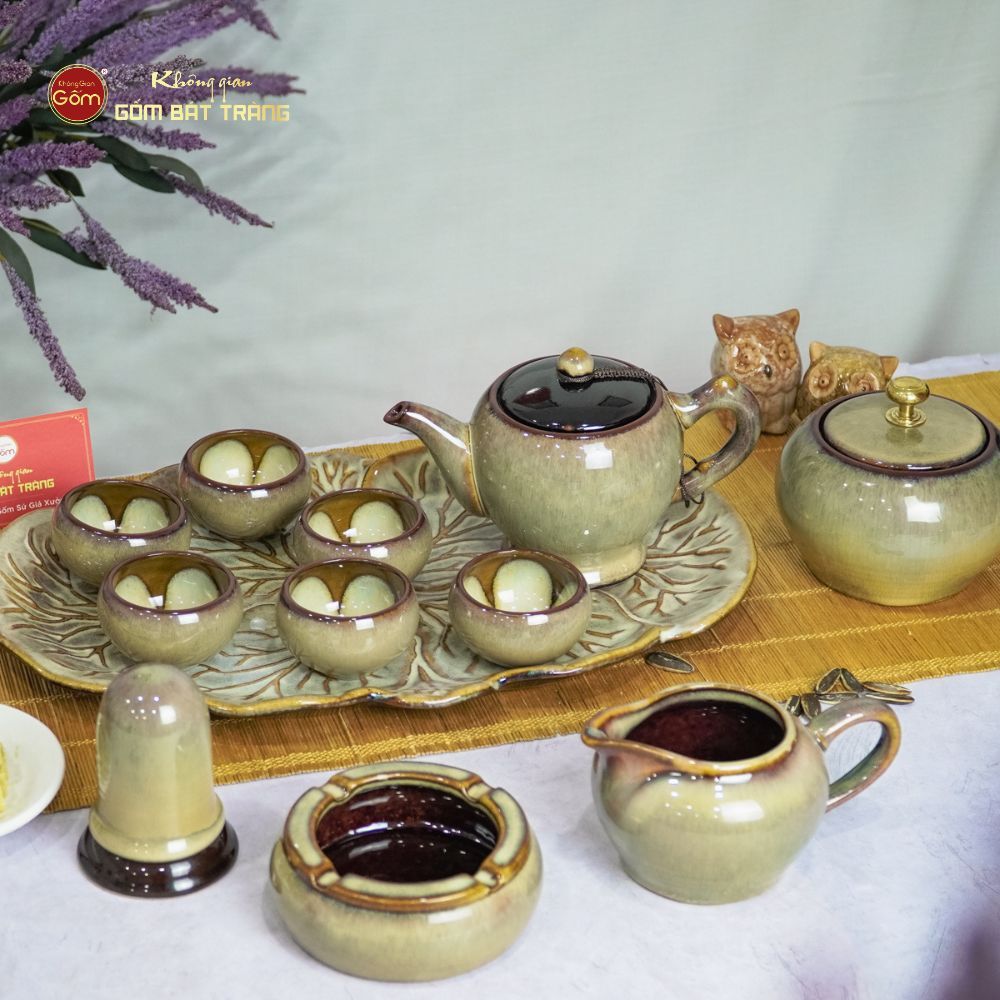 Bộ Ấm Trà Ly Gấm Men Hỏa Biến Khay Lá Xếp