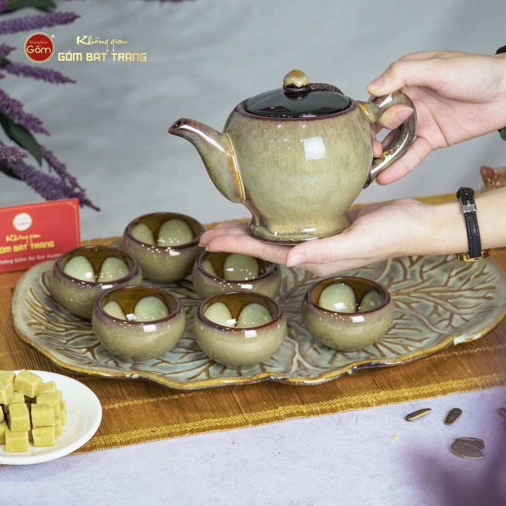 Bộ Ấm Trà Ly Gấm Men Hỏa Biến Khay Lá Xếp