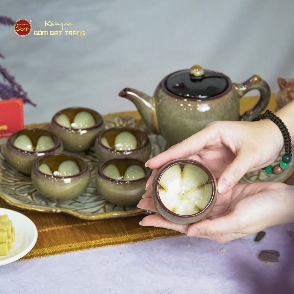 Bộ Ấm Trà Ly Gấm Men Hỏa Biến Khay Lá Xếp