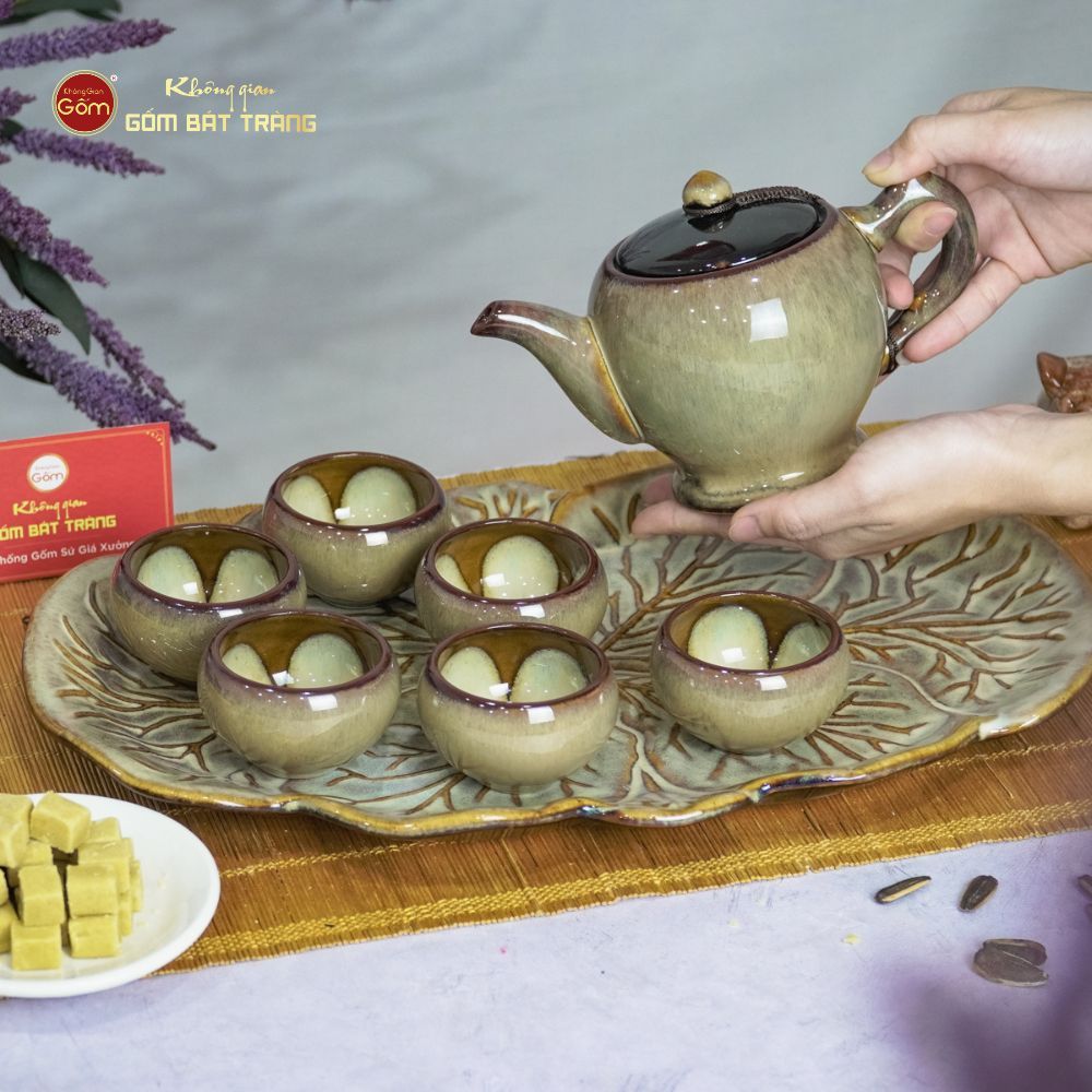 Bộ Ấm Trà Ly Gấm Men Hỏa Biến Khay Lá Xếp