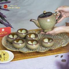Bộ Ấm Trà Ly Gấm Men Hỏa Biến Khay Lá Xếp