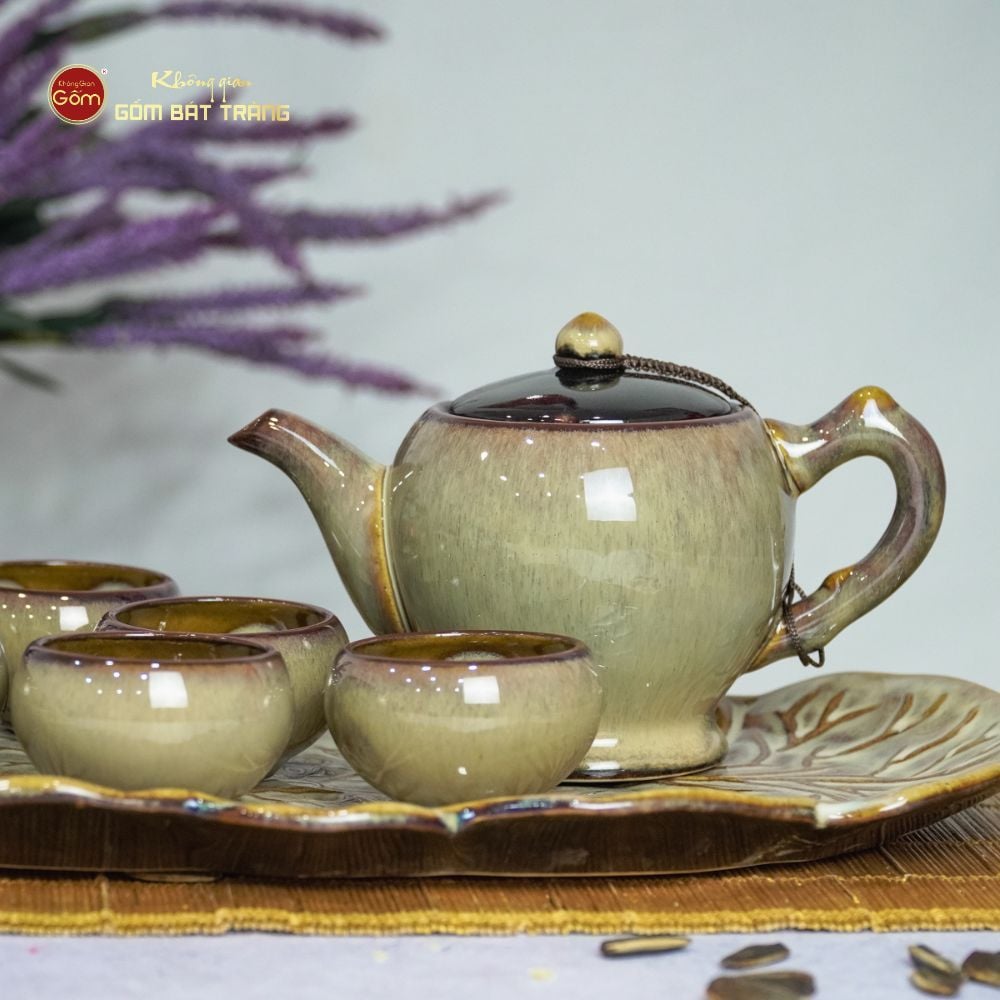 Bộ Ấm Trà Ly Gấm Men Hỏa Biến Khay Lá Xếp
