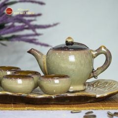 Bộ Ấm Trà Ly Gấm Men Hỏa Biến Khay Lá Xếp