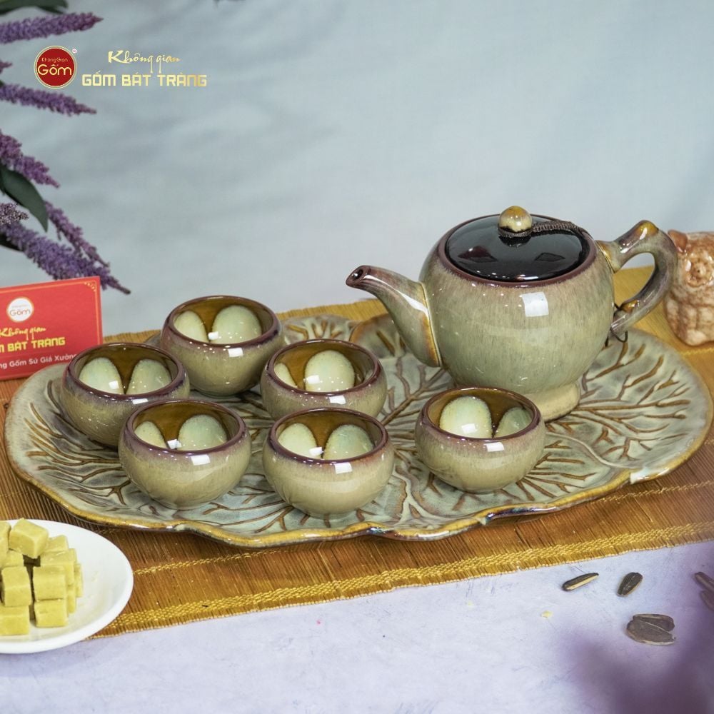 Bộ Ấm Trà Ly Gấm Men Hỏa Biến Khay Lá Xếp