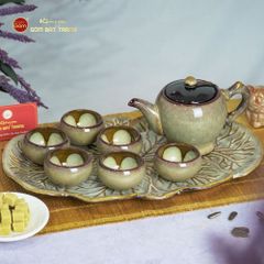 Bộ Ấm Trà Ly Gấm Men Hỏa Biến Khay Lá Xếp