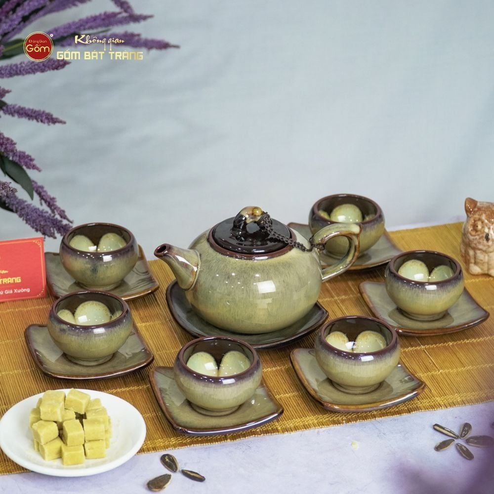 Bộ Ấm Trà Quả Hồng Gấm Men Hỏa Biến