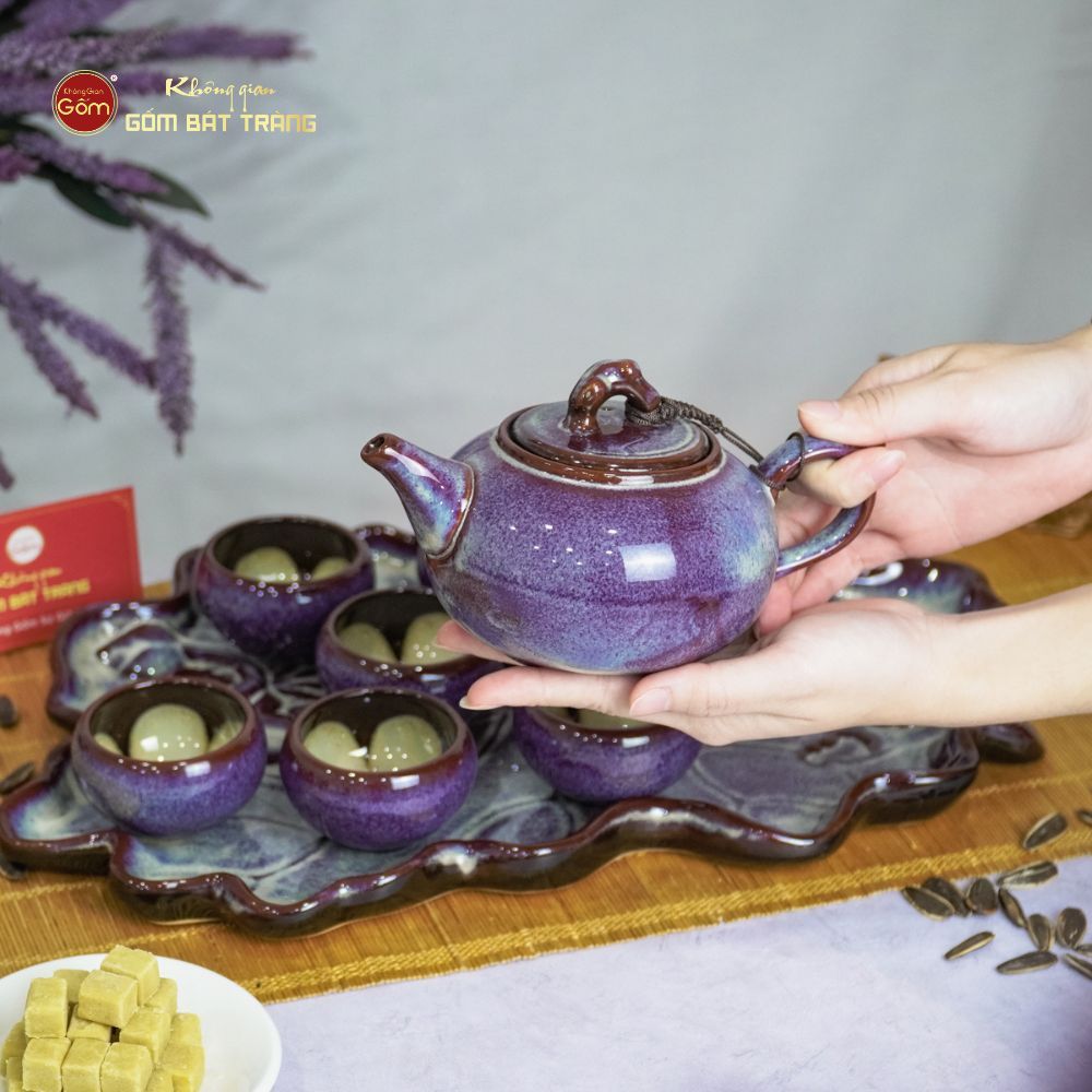 Bộ Ấm Trà Quả Hồng Men Hỏa Biến Khay Lá Sen