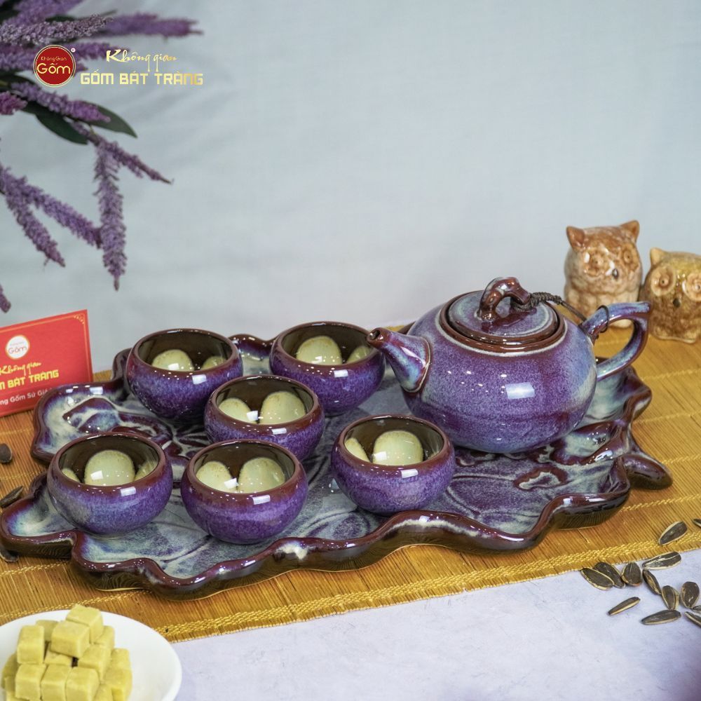 Bộ Ấm Trà Quả Hồng Men Hỏa Biến Khay Lá Sen