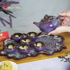 Bộ Ấm Trà Quả Hồng Men Hỏa Biến Khay Lá Sen