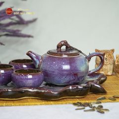 Bộ Ấm Trà Quả Hồng Men Hỏa Biến Khay Lá Sen