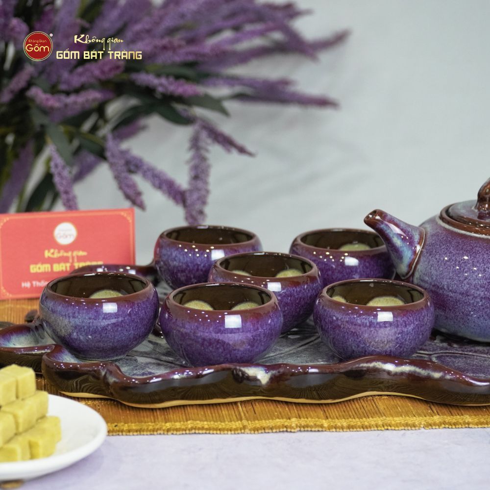 Bộ Ấm Trà Quả Hồng Men Hỏa Biến Khay Lá Sen