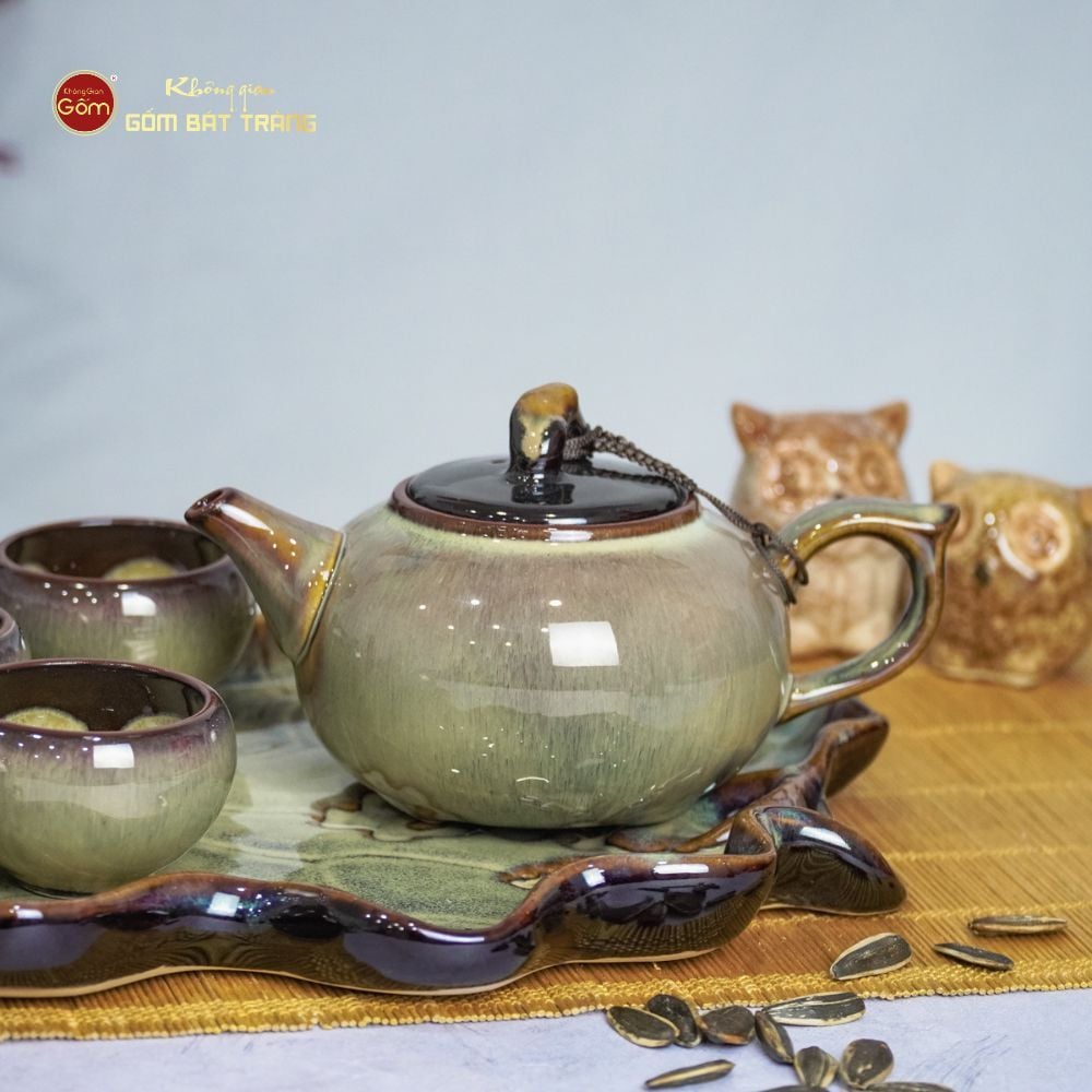 Bộ Ấm Trà Quả Hồng Men Hỏa Biến Khay Sen Dài