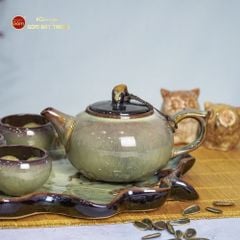 Bộ Ấm Trà Quả Hồng Men Hỏa Biến Khay Sen Dài