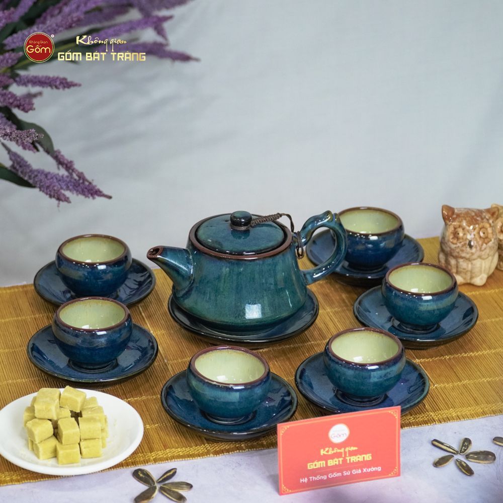 Bộ Ấm Trà Quai Trúc Men Hỏa Biến