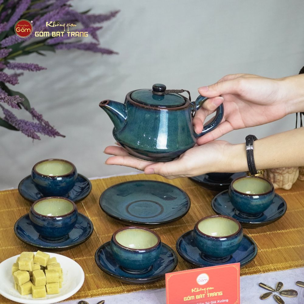 Bộ Ấm Trà Quai Trúc Men Hỏa Biến