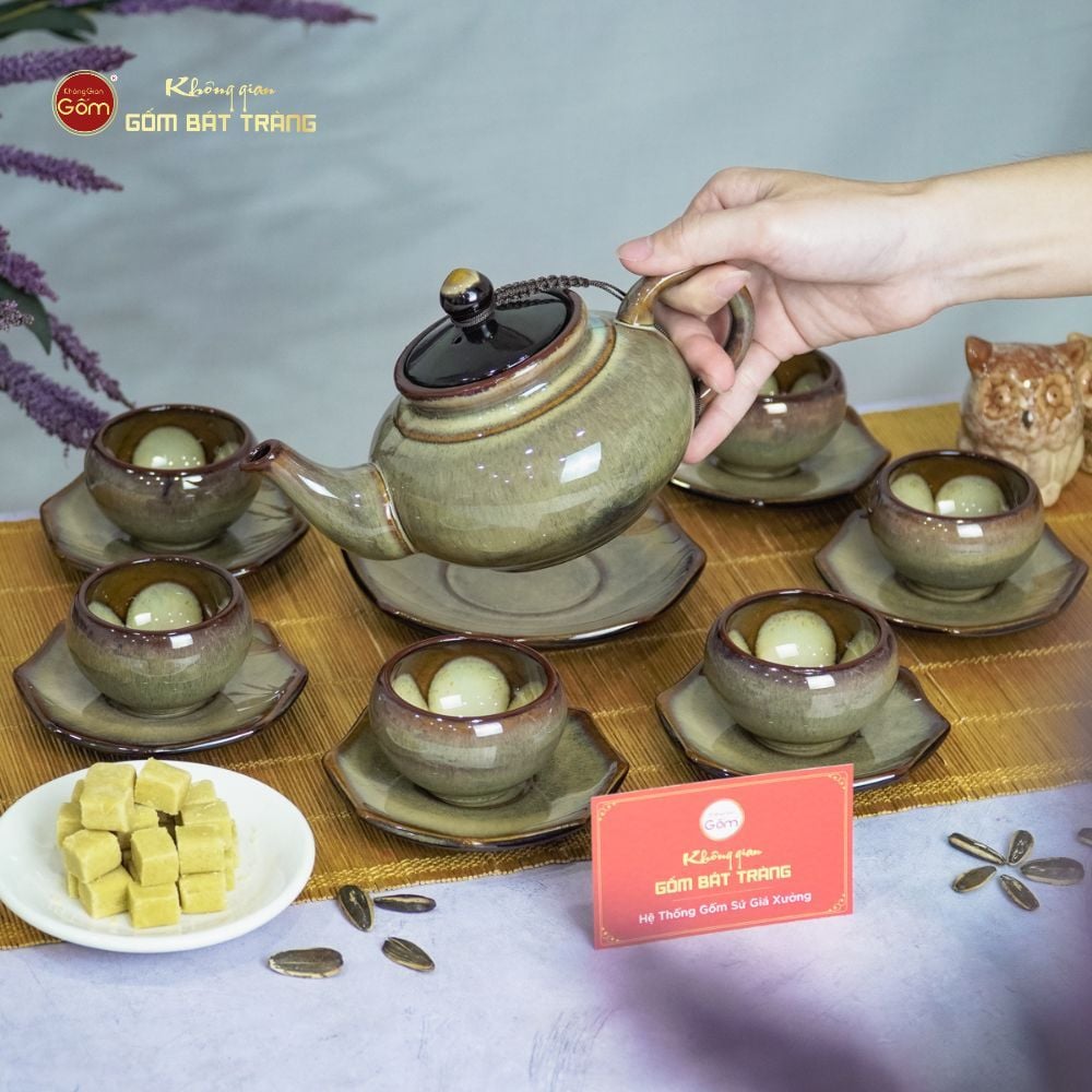 Bộ Ấm Trà Thiên Nga Gấm Hoa Men Hỏa Biến