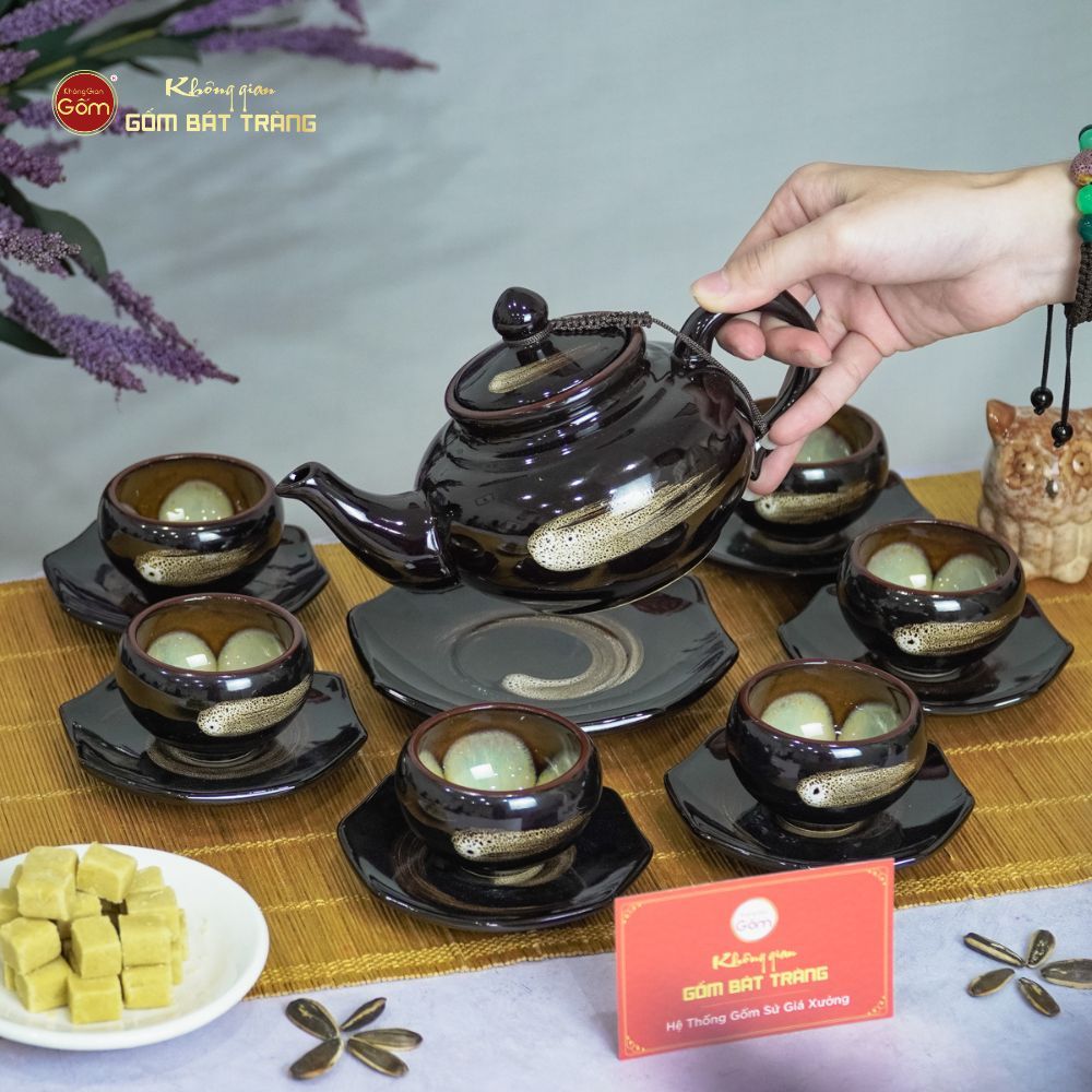 Bộ Ấm Trà Thiên Nga Xước Hoa Men Hỏa Biến