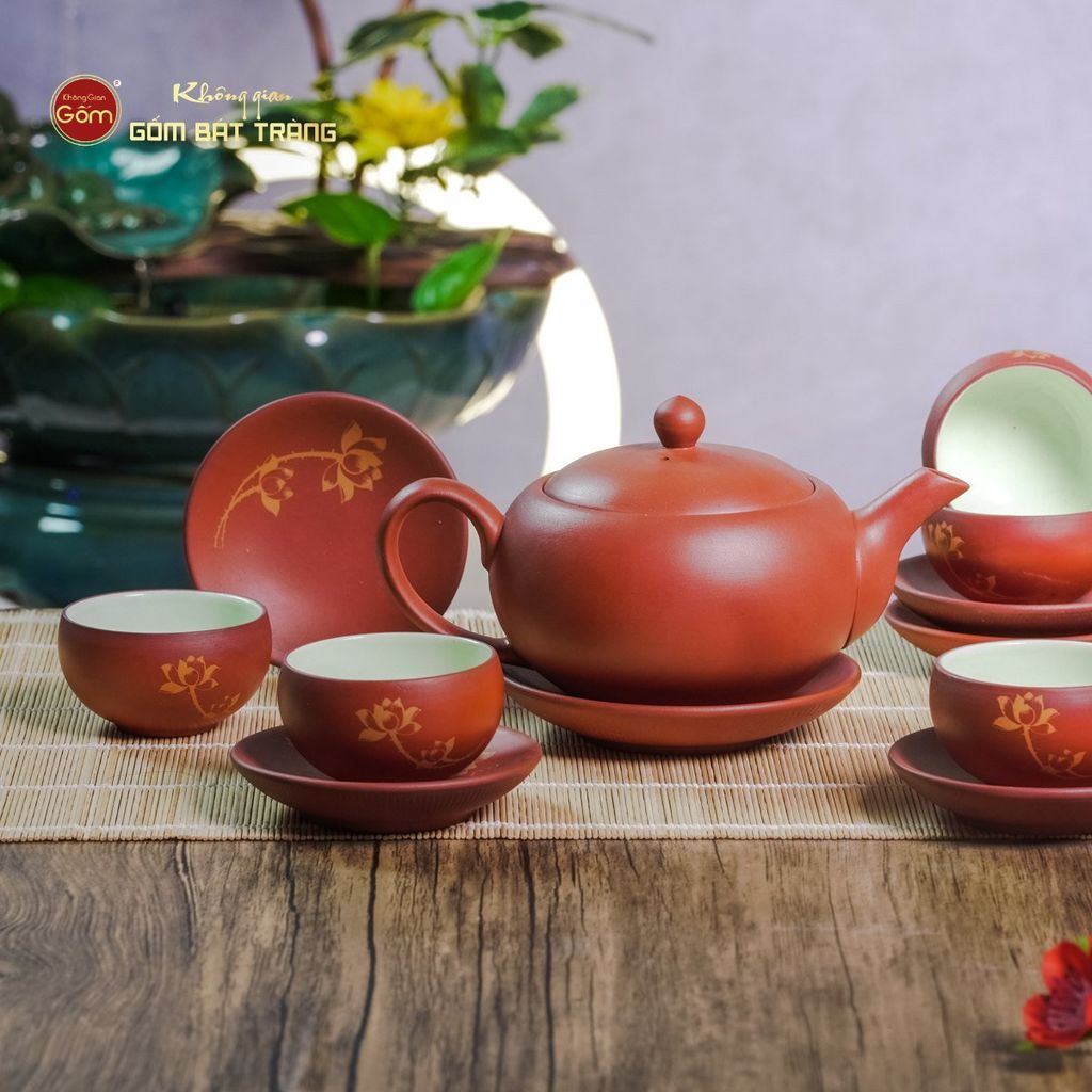 Bộ Ấm Trà Tử Sa Đỏ Son Sen Vàng