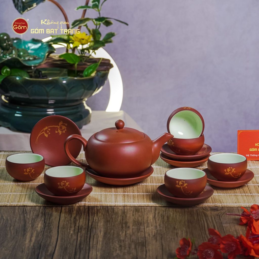 Bộ Ấm Trà Tử Sa Đỏ Son Sen Vàng