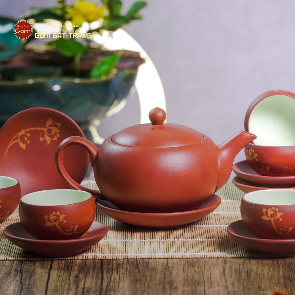 Bộ Ấm Trà Tử Sa Đỏ Son Sen Vàng