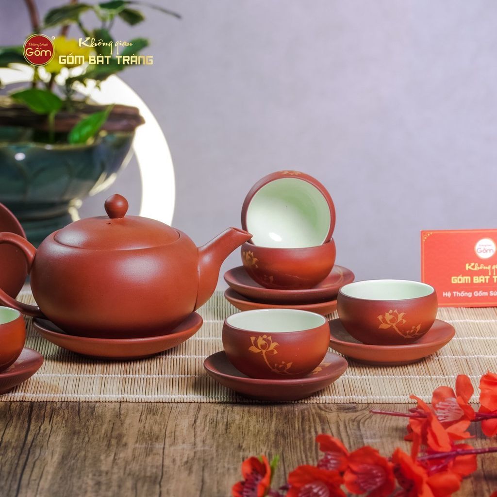 Bộ Ấm Trà Tử Sa Đỏ Son Sen Vàng