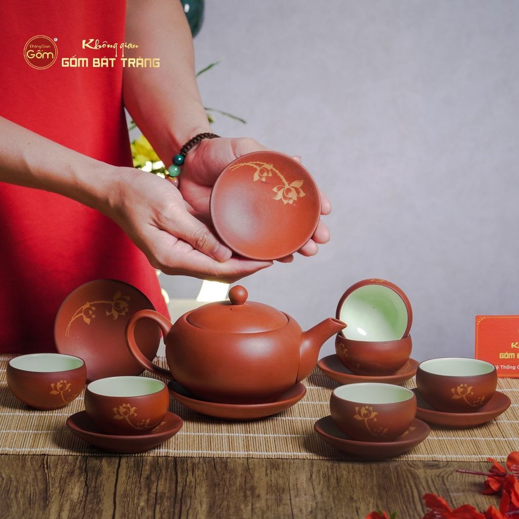 Bộ Ấm Trà Tử Sa Đỏ Son Sen Vàng