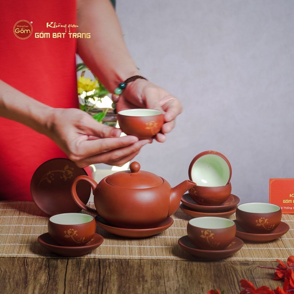 Bộ Ấm Trà Tử Sa Đỏ Son Sen Vàng