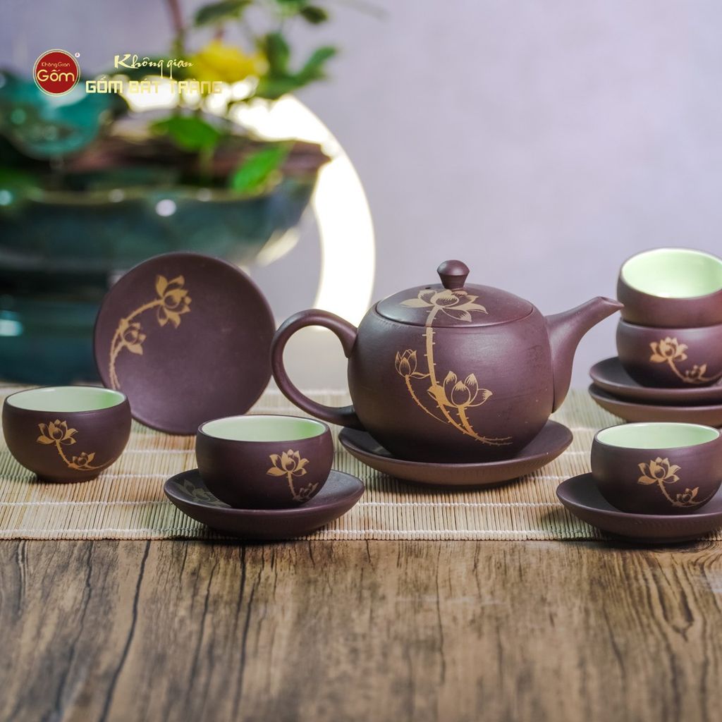 Bộ Ấm Trà Tử Sa Nâu Sen Vàng