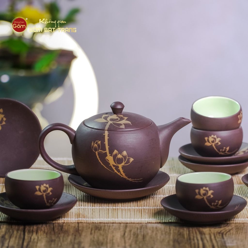 Bộ Ấm Trà Tử Sa Nâu Sen Vàng