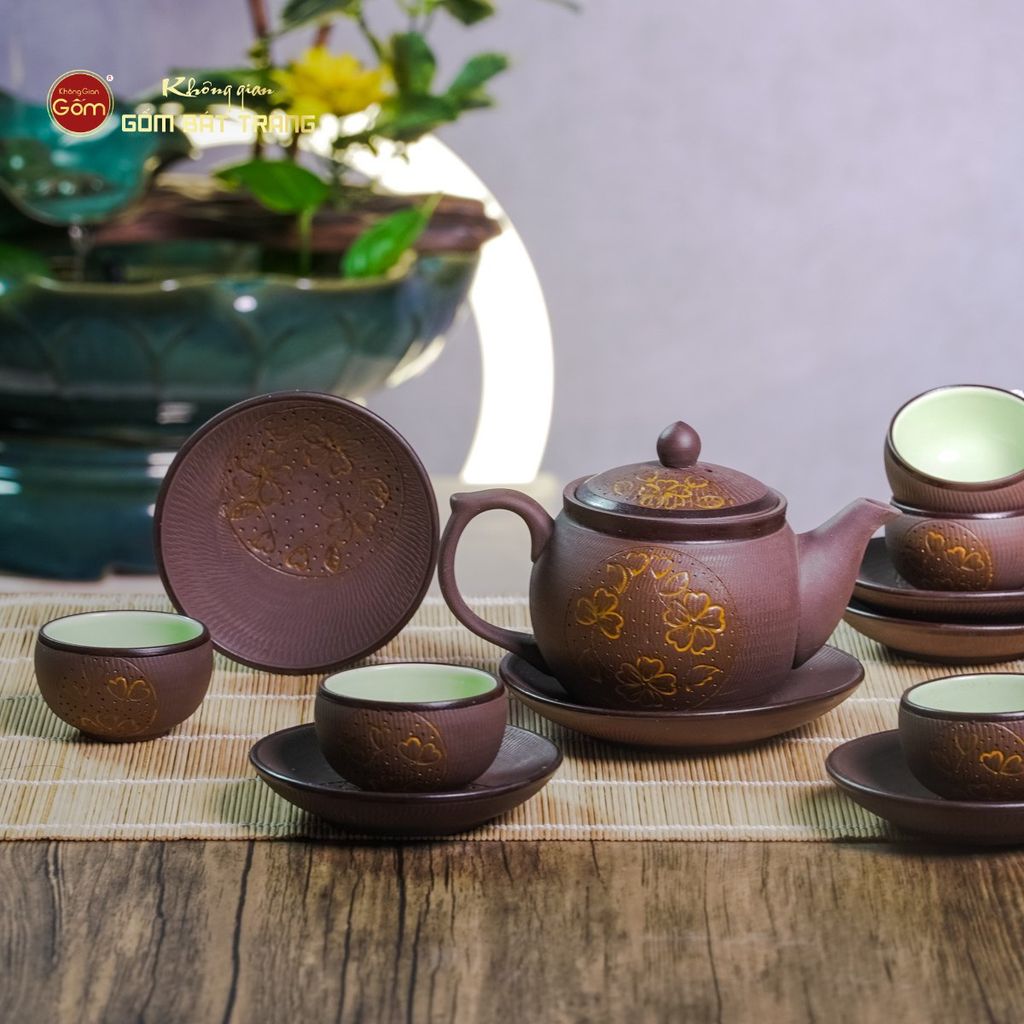 Bộ Ấm Trà Tử Sa Nâu Trăng Vàng
